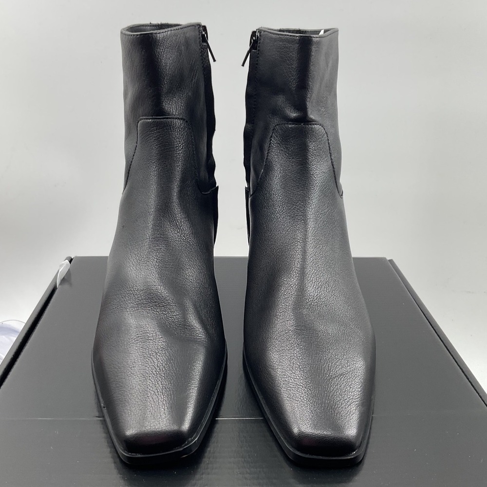 Steve Madden Black Leather Square Toe Ankle Boots Low Block Heel Side Zip Bootie